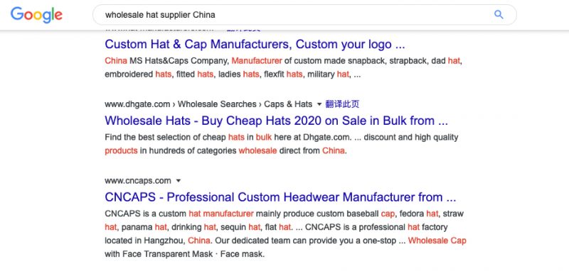 Search wholesale hat supplier from Google