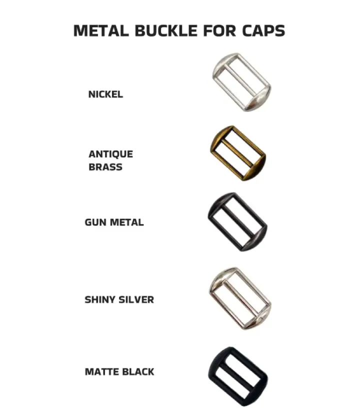 Metal buckle for caps color options w Logo Embossed, Laser, Print