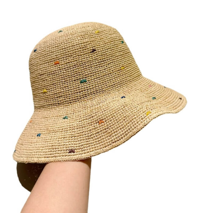 Sombrero de paja de rafia plegable, hecho a medida con manchas coloridas, sombrero de cubo Natural hecho a mano, sombrero para el sol de verano, venta al por mayor